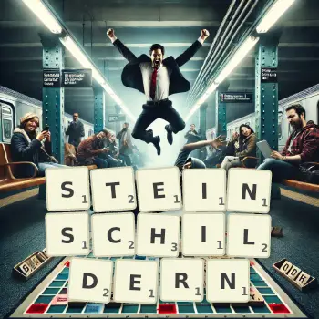 Kreative Illustration für ein Scrabble-Spiel, bei dem das Wort STEINSCHILDERN mit Steinen auf dem Brett gelegt wurde.