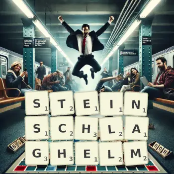 Kreative Illustration für ein Scrabble-Spiel, bei dem das Wort STEINSCHLAGHELM mit Steinen auf dem Brett gelegt wurde.