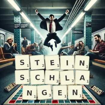 Kreative Illustration für ein Scrabble-Spiel, bei dem das Wort STEINSCHLANGEN mit Steinen auf dem Brett gelegt wurde.