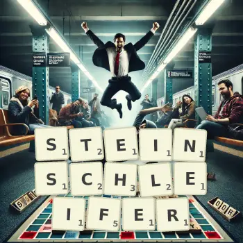 Kreative Illustration für ein Scrabble-Spiel, bei dem das Wort STEINSCHLEIFER mit Steinen auf dem Brett gelegt wurde.