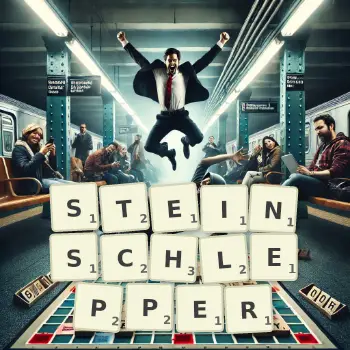 Kreative Illustration für ein Scrabble-Spiel, bei dem das Wort STEINSCHLEPPER mit Steinen auf dem Brett gelegt wurde.