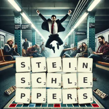 Kreative Illustration für ein Scrabble-Spiel, bei dem das Wort STEINSCHLEPPERS mit Steinen auf dem Brett gelegt wurde.
