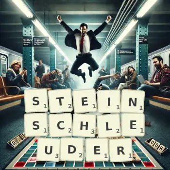 Kreative Illustration für ein Scrabble-Spiel, bei dem das Wort STEINSCHLEUDER mit Steinen auf dem Brett gelegt wurde.