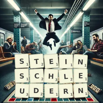 Kreative Illustration für ein Scrabble-Spiel, bei dem das Wort STEINSCHLEUDERN mit Steinen auf dem Brett gelegt wurde.