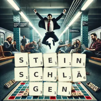 Kreative Illustration für ein Scrabble-Spiel, bei dem das Wort STEINSCHLÄGEN mit Steinen auf dem Brett gelegt wurde.