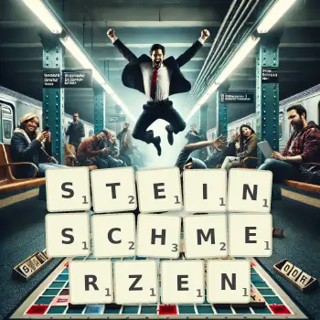 Kreative Illustration für ein Scrabble-Spiel, bei dem das Wort STEINSCHMERZEN mit Steinen auf dem Brett gelegt wurde.
