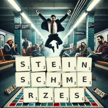 Kreative Illustration für ein Scrabble-Spiel, bei dem das Wort STEINSCHMERZES mit Steinen auf dem Brett gelegt wurde.