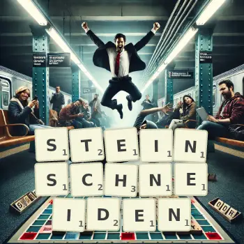 Kreative Illustration für ein Scrabble-Spiel, bei dem das Wort STEINSCHNEIDEN mit Steinen auf dem Brett gelegt wurde.