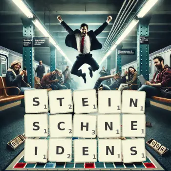 Kreative Illustration für ein Scrabble-Spiel, bei dem das Wort STEINSCHNEIDENS mit Steinen auf dem Brett gelegt wurde.