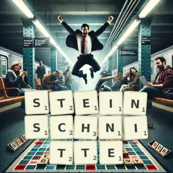 Kreative Illustration für ein Scrabble-Spiel, bei dem das Wort STEINSCHNITTE mit Steinen auf dem Brett gelegt wurde.