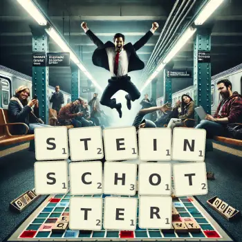 Kreative Illustration für ein Scrabble-Spiel, bei dem das Wort STEINSCHOTTER mit Steinen auf dem Brett gelegt wurde.