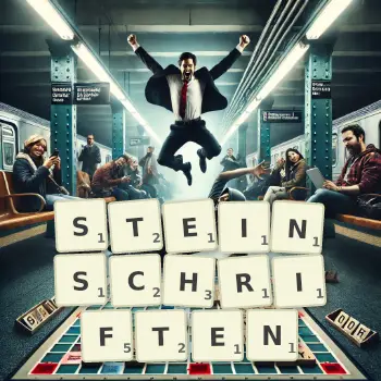 Kreative Illustration für ein Scrabble-Spiel, bei dem das Wort STEINSCHRIFTEN mit Steinen auf dem Brett gelegt wurde.