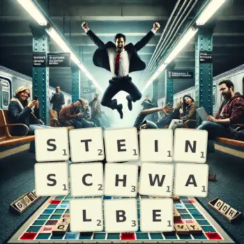 Kreative Illustration für ein Scrabble-Spiel, bei dem das Wort STEINSCHWALBE mit Steinen auf dem Brett gelegt wurde.