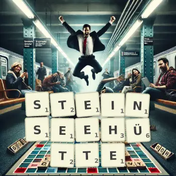 Kreative Illustration für ein Scrabble-Spiel, bei dem das Wort STEINSEEHÜTTE mit Steinen auf dem Brett gelegt wurde.
