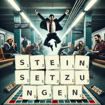 Kreative Illustration für ein Scrabble-Spiel, bei dem das Wort STEINSETZUNGEN mit Steinen auf dem Brett gelegt wurde.