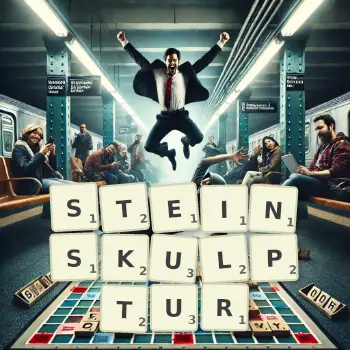 Kreative Illustration für ein Scrabble-Spiel, bei dem das Wort STEINSKULPTUR mit Steinen auf dem Brett gelegt wurde.