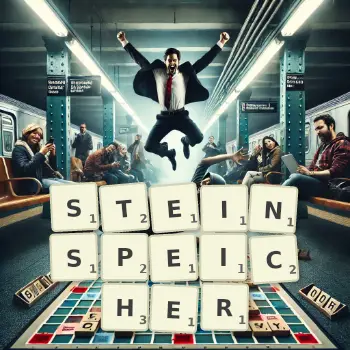 Kreative Illustration für ein Scrabble-Spiel, bei dem das Wort STEINSPEICHER mit Steinen auf dem Brett gelegt wurde.