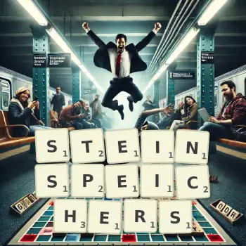 Kreative Illustration für ein Scrabble-Spiel, bei dem das Wort STEINSPEICHERS mit Steinen auf dem Brett gelegt wurde.