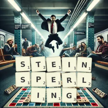Kreative Illustration für ein Scrabble-Spiel, bei dem das Wort STEINSPERLING mit Steinen auf dem Brett gelegt wurde.
