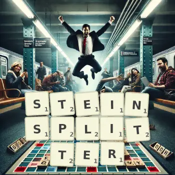 Kreative Illustration für ein Scrabble-Spiel, bei dem das Wort STEINSPLITTER mit Steinen auf dem Brett gelegt wurde.