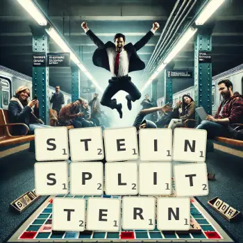 Kreative Illustration für ein Scrabble-Spiel, bei dem das Wort STEINSPLITTERN mit Steinen auf dem Brett gelegt wurde.