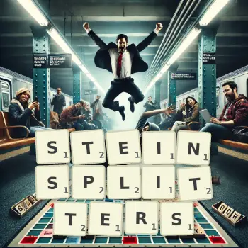 Kreative Illustration für ein Scrabble-Spiel, bei dem das Wort STEINSPLITTERS mit Steinen auf dem Brett gelegt wurde.