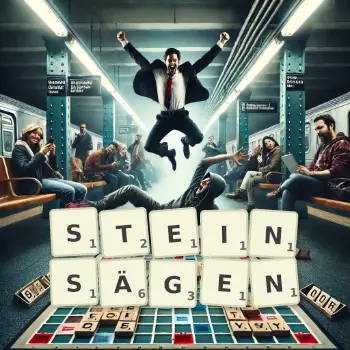 Kreative Illustration für ein Scrabble-Spiel, bei dem das Wort STEINSÄGEN mit Steinen auf dem Brett gelegt wurde.