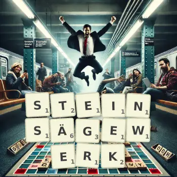 Kreative Illustration für ein Scrabble-Spiel, bei dem das Wort STEINSÄGEWERK mit Steinen auf dem Brett gelegt wurde.
