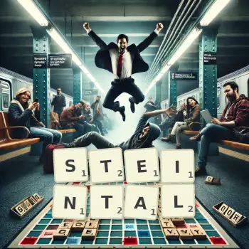 Kreative Illustration für ein Scrabble-Spiel, bei dem das Wort STEINTAL mit Steinen auf dem Brett gelegt wurde.