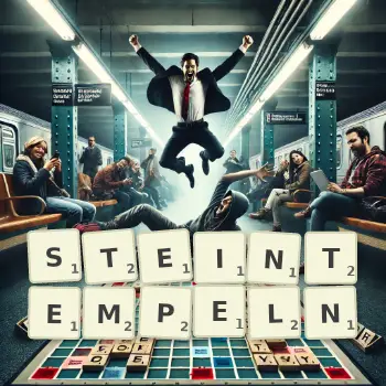 Kreative Illustration für ein Scrabble-Spiel, bei dem das Wort STEINTEMPELN mit Steinen auf dem Brett gelegt wurde.