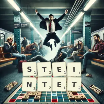 Kreative Illustration für ein Scrabble-Spiel, bei dem das Wort STEINTET mit Steinen auf dem Brett gelegt wurde.