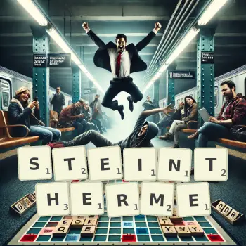 Kreative Illustration für ein Scrabble-Spiel, bei dem das Wort STEINTHERME mit Steinen auf dem Brett gelegt wurde.