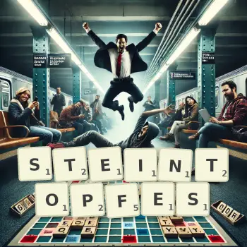 Kreative Illustration für ein Scrabble-Spiel, bei dem das Wort STEINTOPFES mit Steinen auf dem Brett gelegt wurde.