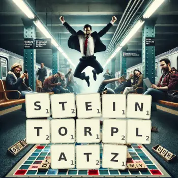 Kreative Illustration für ein Scrabble-Spiel, bei dem das Wort STEINTORPLATZ mit Steinen auf dem Brett gelegt wurde.