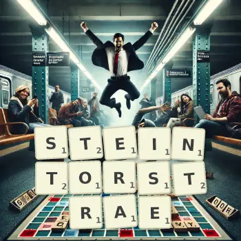 Kreative Illustration für ein Scrabble-Spiel, bei dem das Wort STEINTORSTRAE mit Steinen auf dem Brett gelegt wurde.