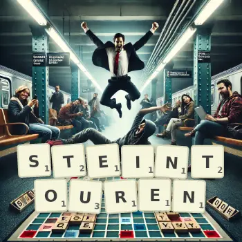 Kreative Illustration für ein Scrabble-Spiel, bei dem das Wort STEINTOUREN mit Steinen auf dem Brett gelegt wurde.