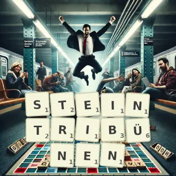 Kreative Illustration für ein Scrabble-Spiel, bei dem das Wort STEINTRIBÜNEN mit Steinen auf dem Brett gelegt wurde.