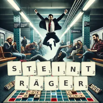 Kreative Illustration für ein Scrabble-Spiel, bei dem das Wort STEINTRÄGER mit Steinen auf dem Brett gelegt wurde.