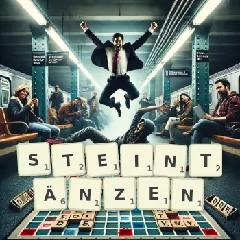 Kreative Illustration für ein Scrabble-Spiel, bei dem das Wort STEINTÄNZEN mit Steinen auf dem Brett gelegt wurde.