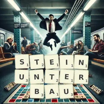Kreative Illustration für ein Scrabble-Spiel, bei dem das Wort STEINUNTERBAU mit Steinen auf dem Brett gelegt wurde.