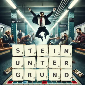 Kreative Illustration für ein Scrabble-Spiel, bei dem das Wort STEINUNTERGRUND mit Steinen auf dem Brett gelegt wurde.