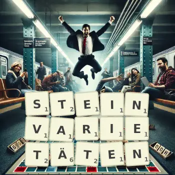 Kreative Illustration für ein Scrabble-Spiel, bei dem das Wort STEINVARIETÄTEN mit Steinen auf dem Brett gelegt wurde.