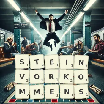 Kreative Illustration für ein Scrabble-Spiel, bei dem das Wort STEINVORKOMMENS mit Steinen auf dem Brett gelegt wurde.
