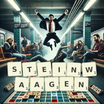 Kreative Illustration für ein Scrabble-Spiel, bei dem das Wort STEINWAAGEN mit Steinen auf dem Brett gelegt wurde.