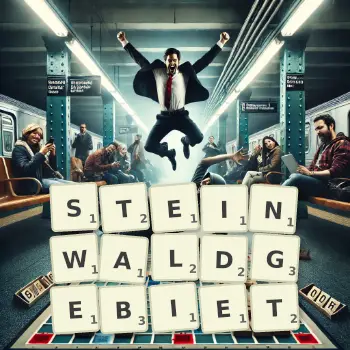 Kreative Illustration für ein Scrabble-Spiel, bei dem das Wort STEINWALDGEBIET mit Steinen auf dem Brett gelegt wurde.