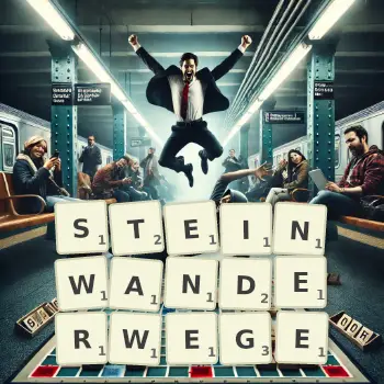 Kreative Illustration für ein Scrabble-Spiel, bei dem das Wort STEINWANDERWEGE mit Steinen auf dem Brett gelegt wurde.