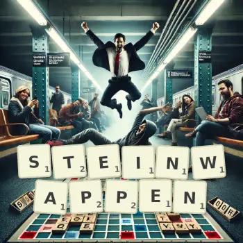 Kreative Illustration für ein Scrabble-Spiel, bei dem das Wort STEINWAPPEN mit Steinen auf dem Brett gelegt wurde.