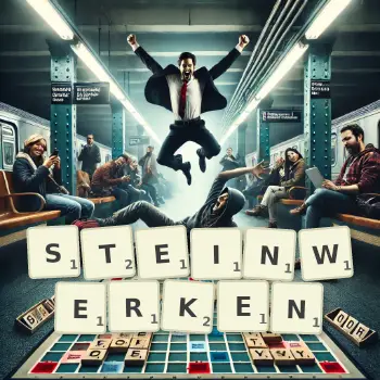Kreative Illustration für ein Scrabble-Spiel, bei dem das Wort STEINWERKEN mit Steinen auf dem Brett gelegt wurde.