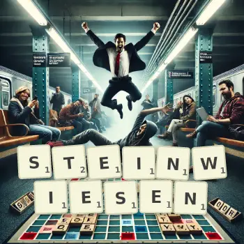 Kreative Illustration für ein Scrabble-Spiel, bei dem das Wort STEINWIESEN mit Steinen auf dem Brett gelegt wurde.