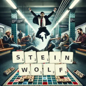 Kreative Illustration für ein Scrabble-Spiel, bei dem das Wort STEINWOLF mit Steinen auf dem Brett gelegt wurde.